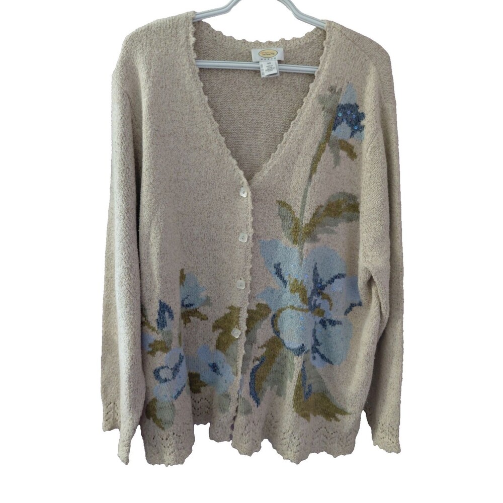VTG Talbots Cardigan Tan Floral Silk Blend Cottagecore Knit MoP Buttons Sz 3X